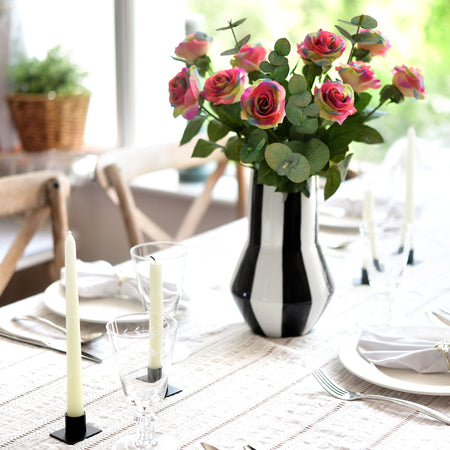 Rainbow Real Touch Silk Artificial Flowers ‘Petals Feel and Look like Fresh Roses’ 9 Stems with Eucalyptus, Candle Holders and Jute Ribbon