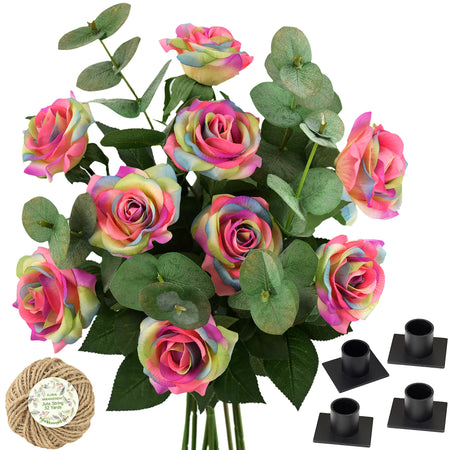 Rainbow Real Touch Silk Artificial Flowers ‘Petals Feel and Look like Fresh Roses’ 9 Stems with Eucalyptus, Candle Holders and Jute Ribbon
