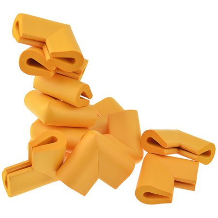 12 pieces randomly placed orange u-shaped foam corner protectors show with a white background.