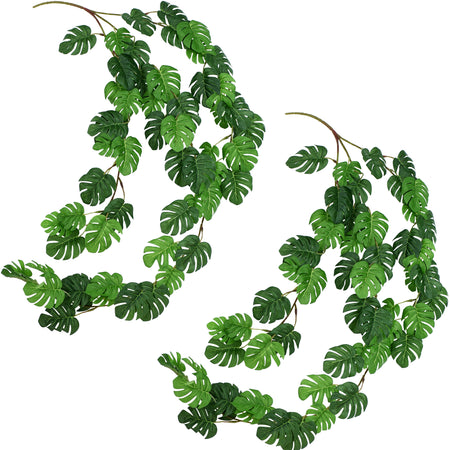 FiveSeasonStuff 2 Pcs Mini Monstera Leaves Garland Artificial Silk Leaf Vine Hanging Garland for Wall Decoration, Wedding, Bridal, Wreaths