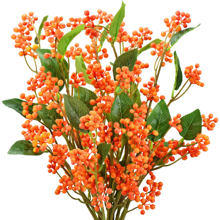FiveSeasonStuff Artificial Fruit Orange Holly Berries Decoration for Vases, Bouquets and Floral Arrangements, 6 Berry Stems