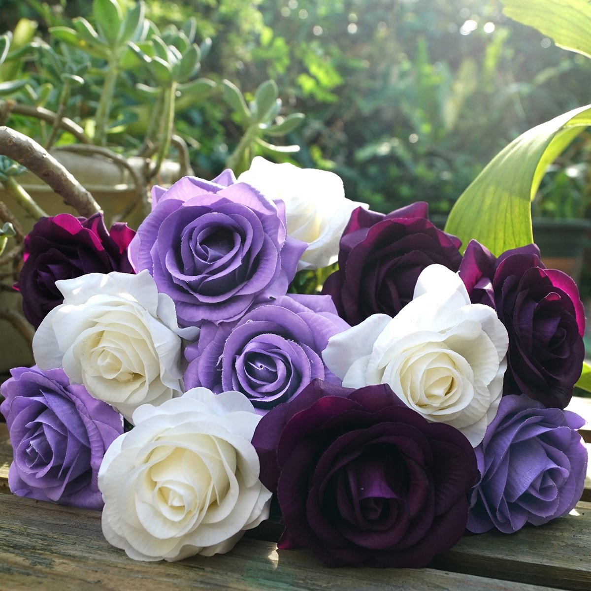 Real Touch 12 Stems Dark Purple White Mix Silk Artificial Roses Flow
