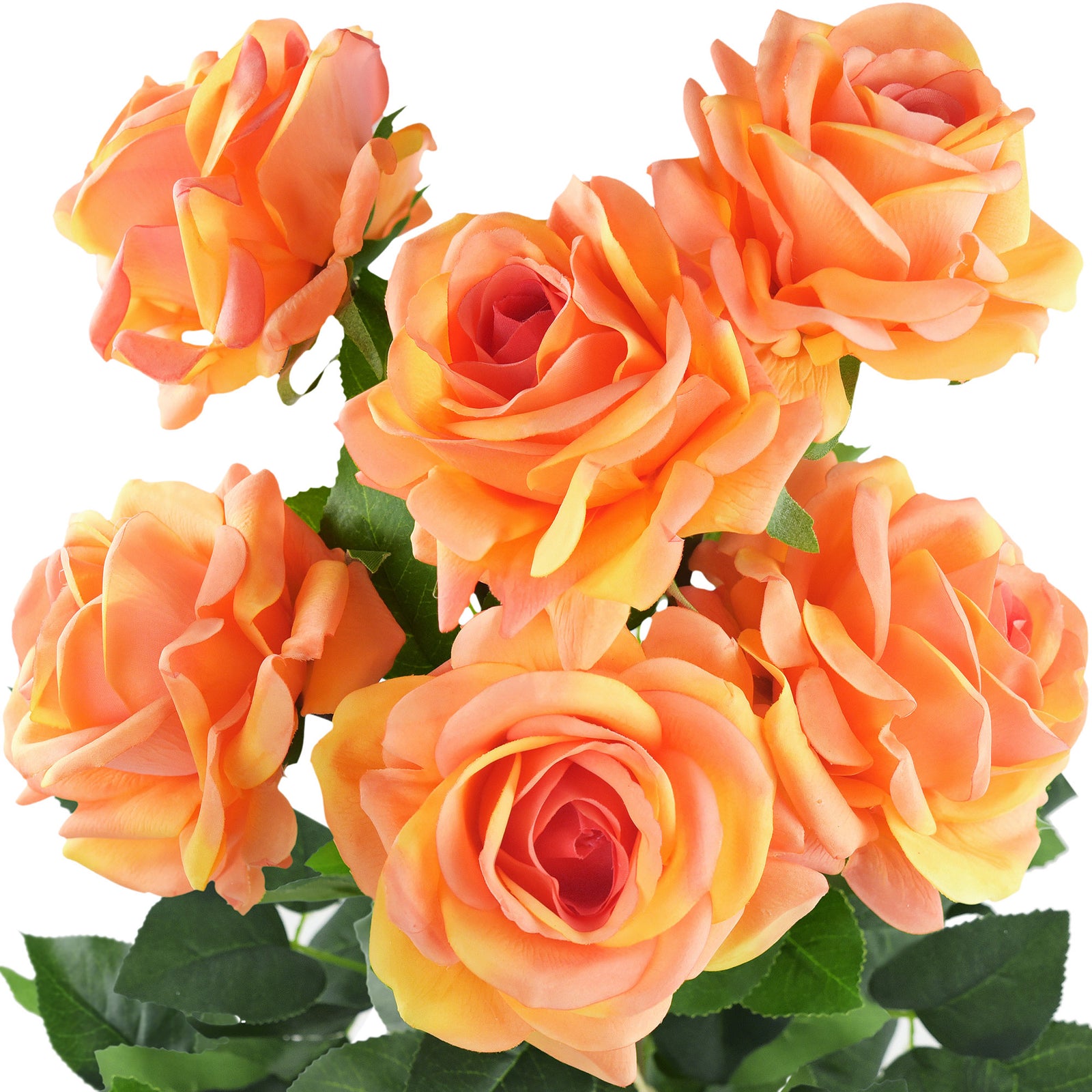 6 Long Stems Sunglow Orange Real Touch Garden Roses Large Blooms