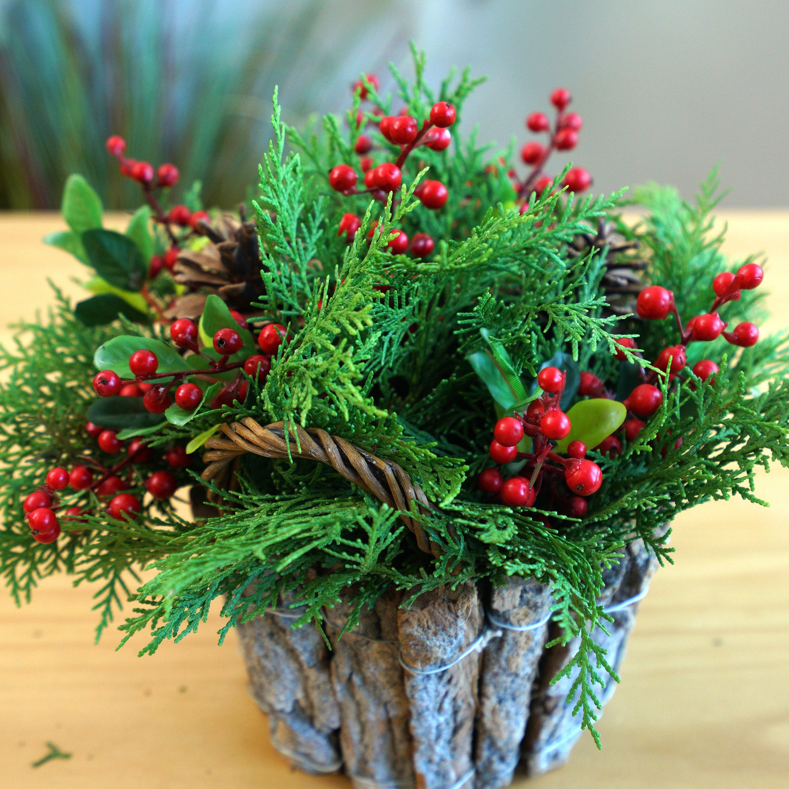 Mixed Red Berry & Belgium Pine Front Door Rustic Holiday Christmas