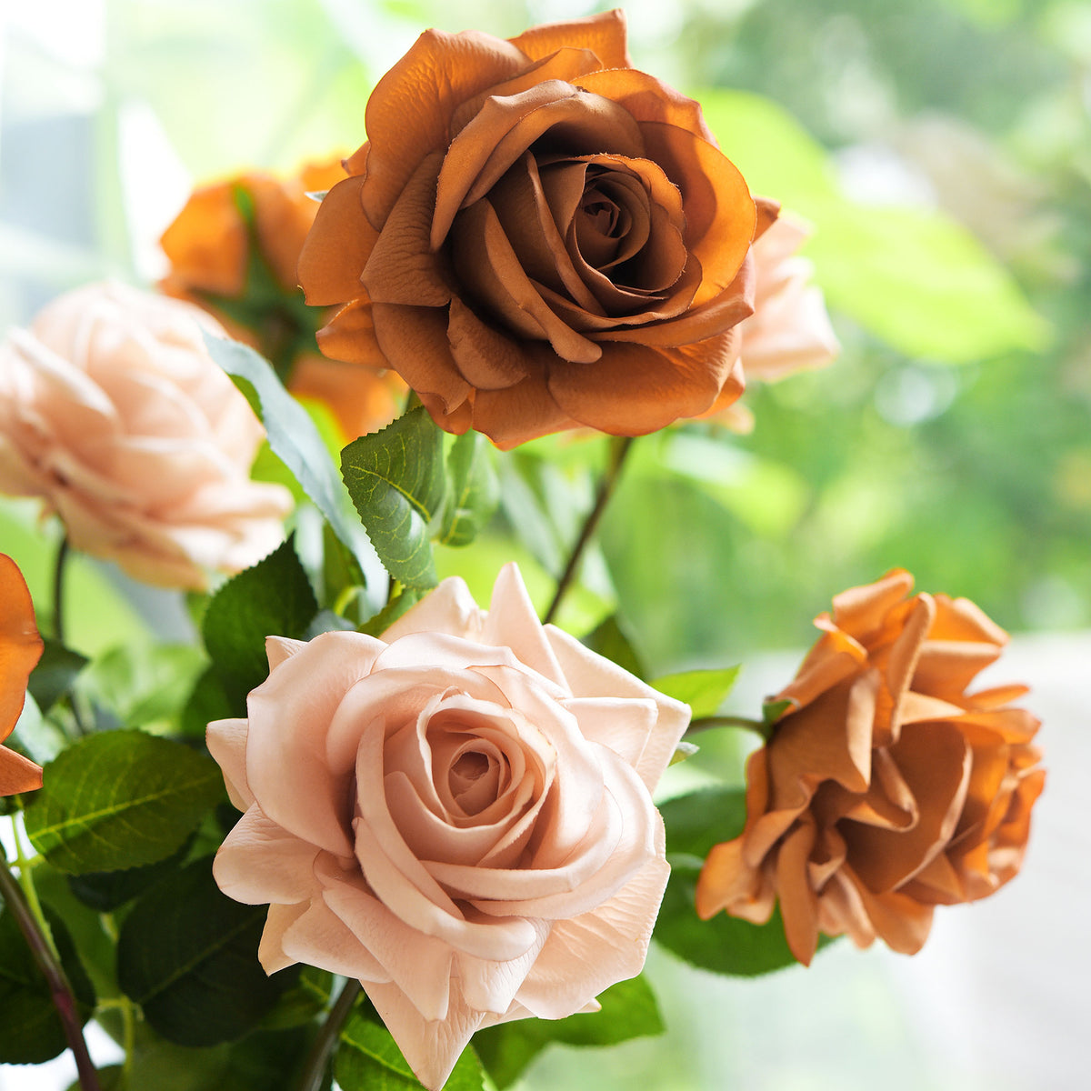 6 Long Stems Rust Orange Real Touch Garden Roses Large Blooms ...