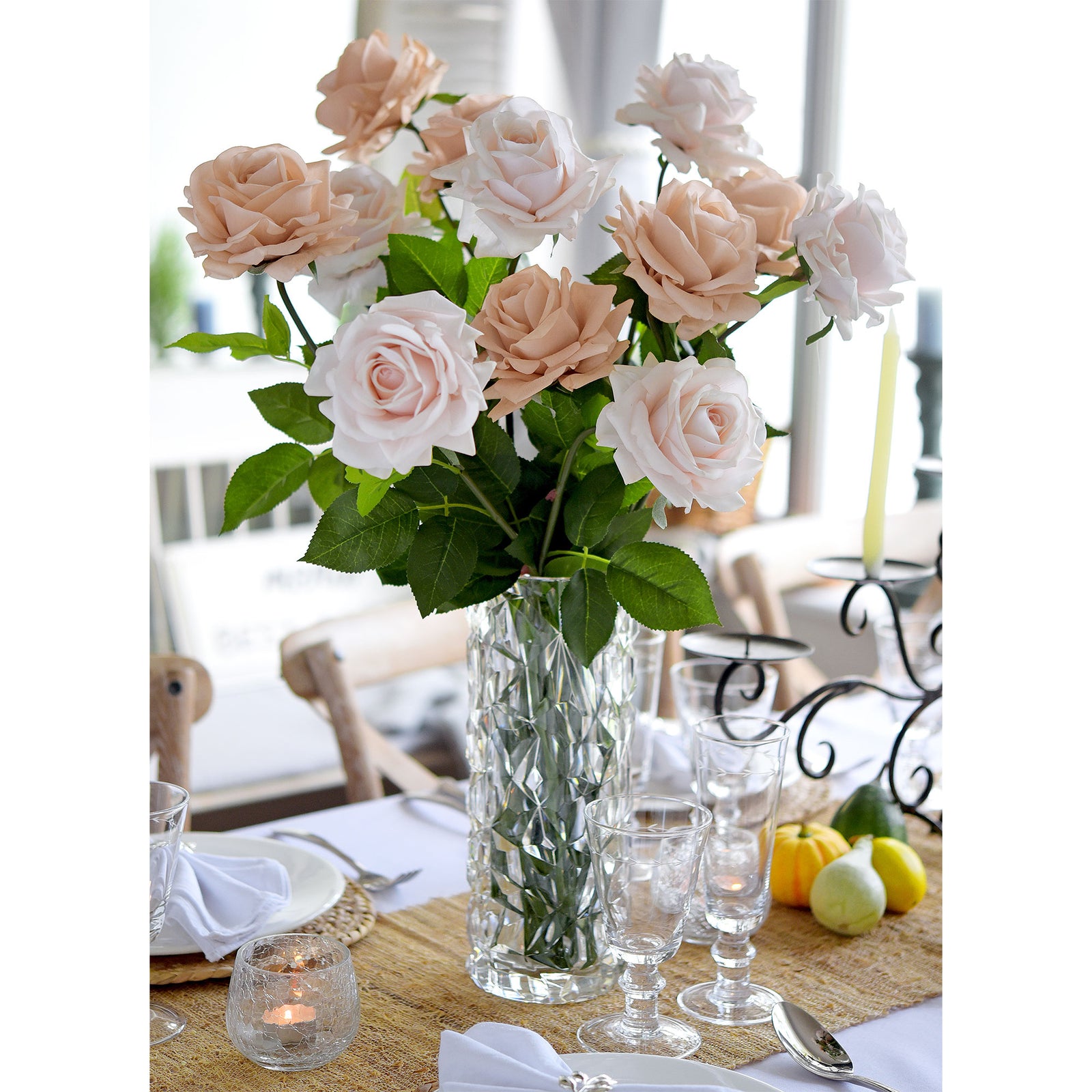 18 inch Large Real Touch English Rose Centerpiece in Glass Vase