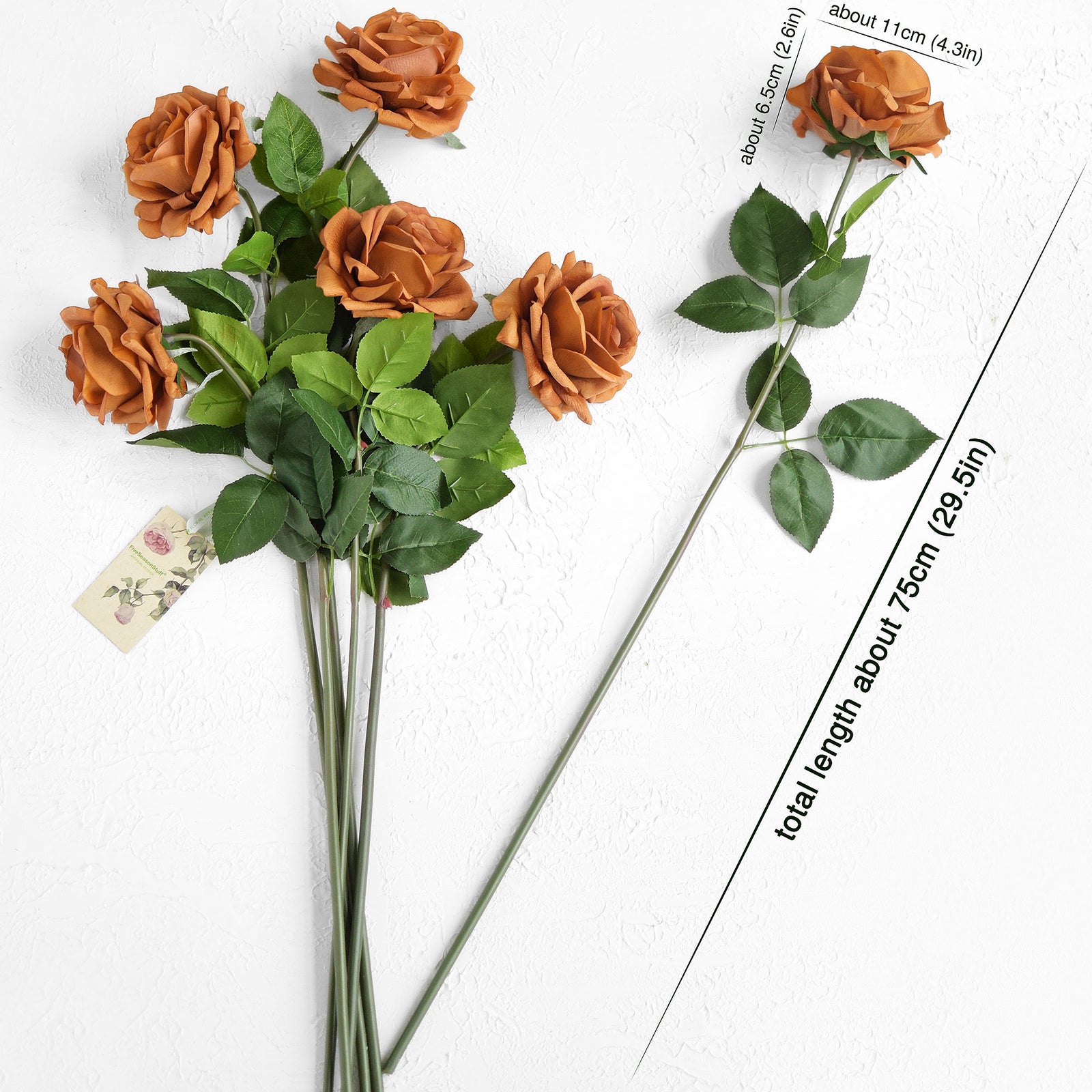 6 Long Stems Rust Orange Real Touch Garden Roses Large Blooms