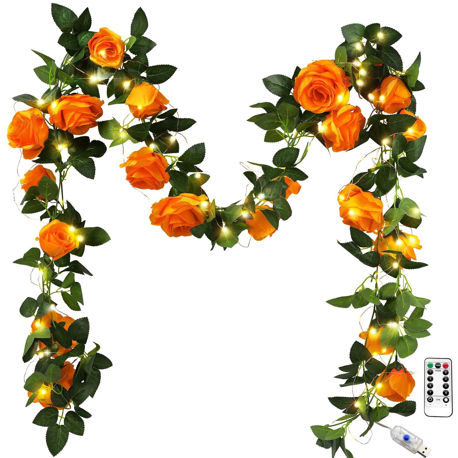 14 Ft 2 Pack Mandarin Orange Rose Silk Flower Garland Artificial Flowers Decoration Hanging Floral with 33 feet String Lights