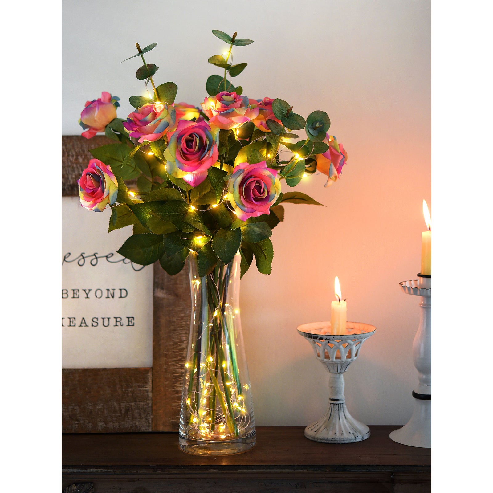 Real Touch Rainbow Rose Bouquet Artificial Flowers with Twinkling LED Lights: Illuminate Your Moments (10 Stems)