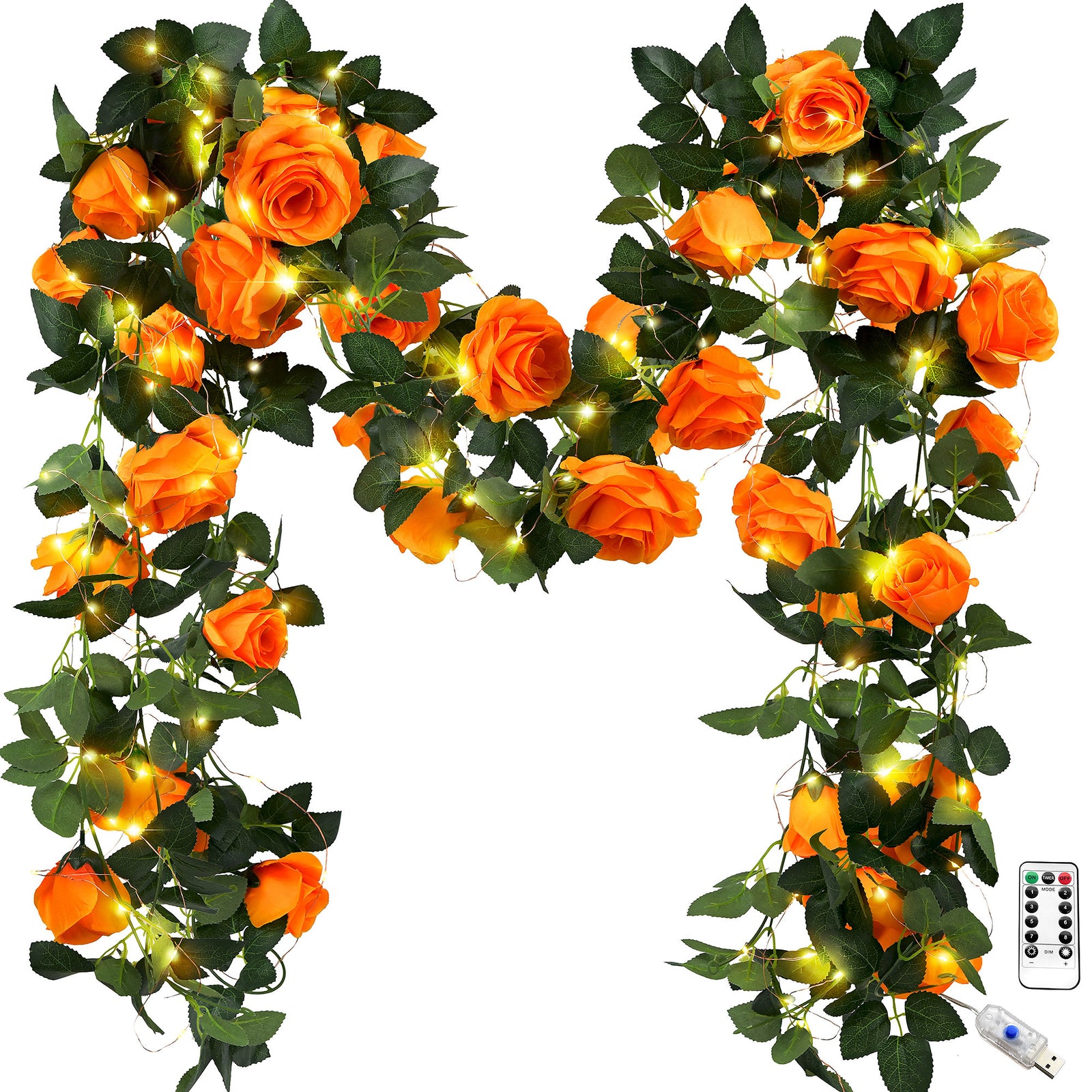 29 Ft 4 Pack Mandarin Orange Rose Silk Flower Garland Artificial Flowers Decoration Hanging Floral with 66 feet String Lights