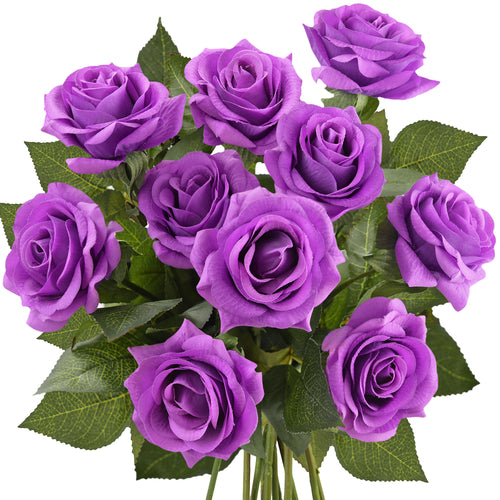 Real Touch 10 Stems Violet Silk Artificial Roses Flowers ‘Petals Feel and Look like Fresh Roses'