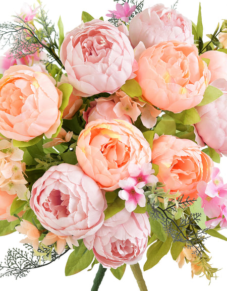 Soft Spring Delight Artificial Peony Bouquet – Set of 2 Faux Silk Bundles (Peach, Cream & Spring Green) – Flexible Stems for Weddings & Home Décor
