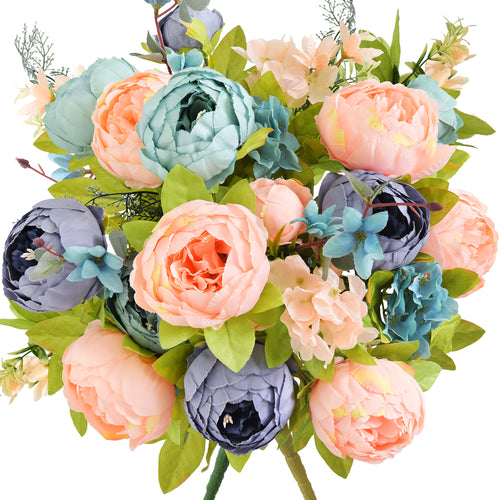 Blue Serenity Bloom Artificial Peony Bouquet – Set of 2 Faux Silk Bundles (Navy, Aqua, Peach & Cream) – Flexible Stems for Events & Home Styling