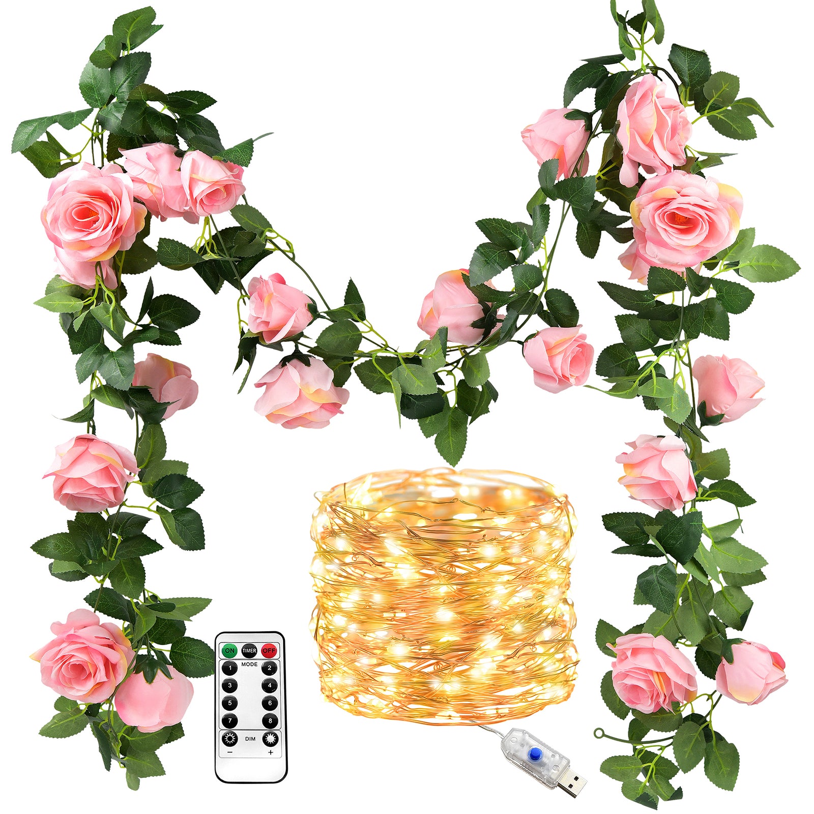 14 Ft 2 Pack Amaranth Pink Rose Silk Flower Garland Artificial Flowers Decoration Hanging Floral with 33 feet String Lights