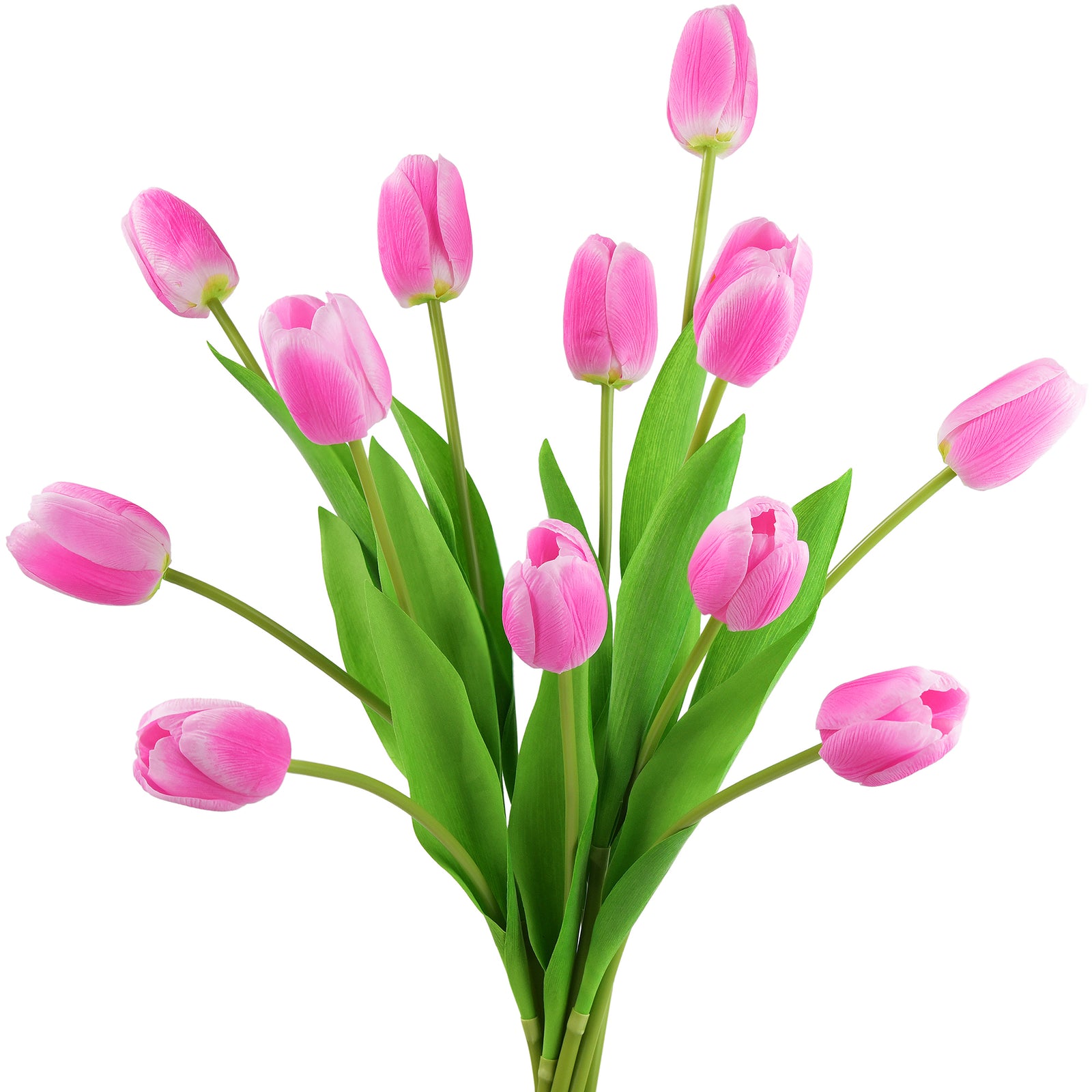 Real Touch Long Stem Vibrant Pink Tulips – 12 Artificial Flowers with Foldable Vase for Home Décor, Weddings, and Gifts