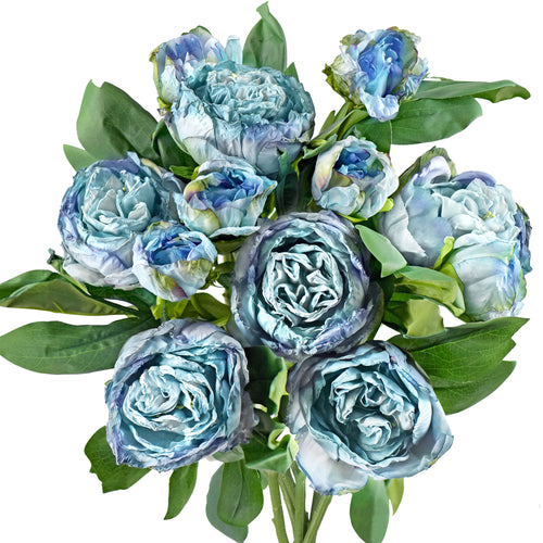Dusty Blue Nostalgic Sentimental Rustic Vintage Silk Peony Artificial Flower Bouquet 6 Stems