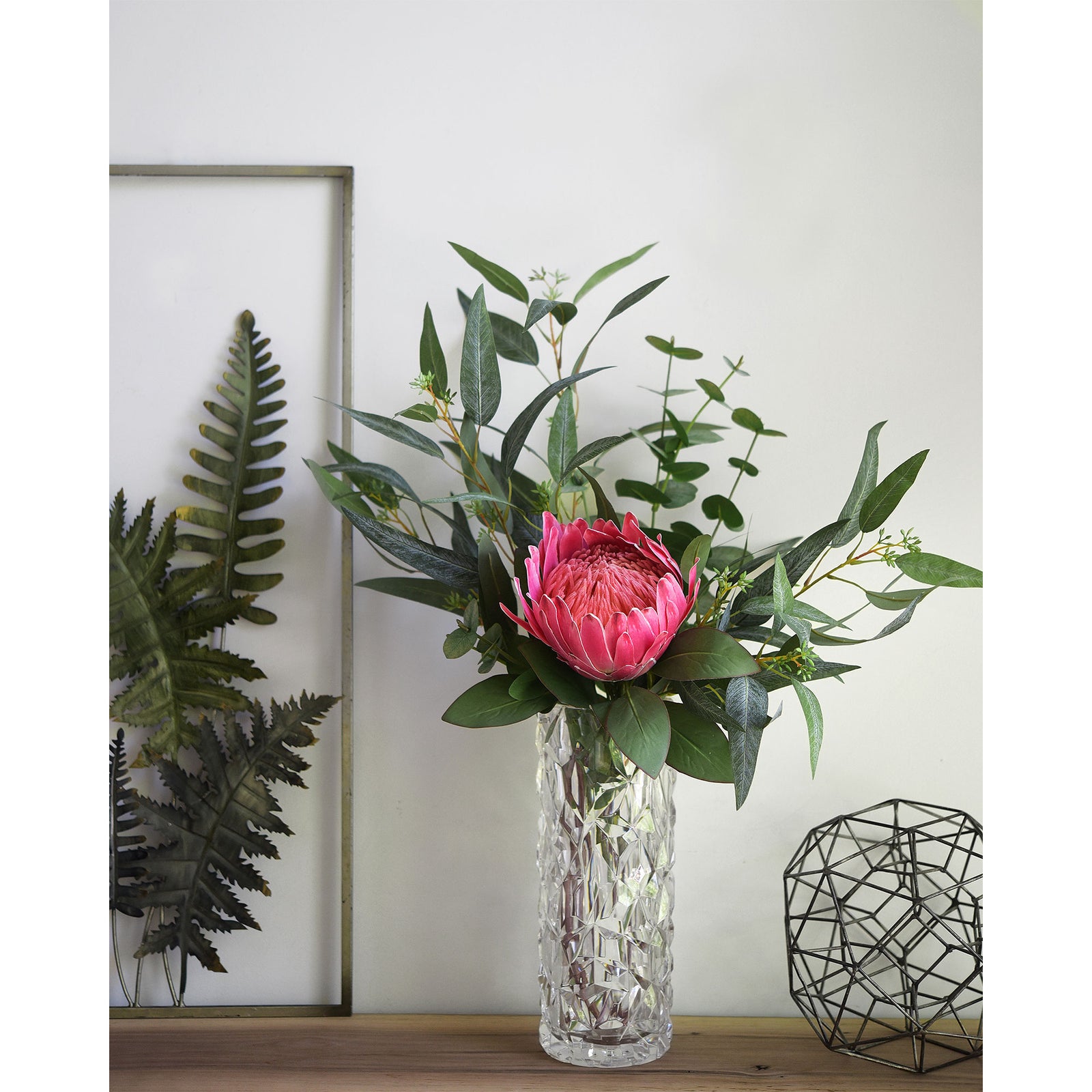 'Crimson Regal Harmony'' Bouquet Royale Burgundy King Protea Arranged with Eucalyptus Leaves Silk Artificial Flowers