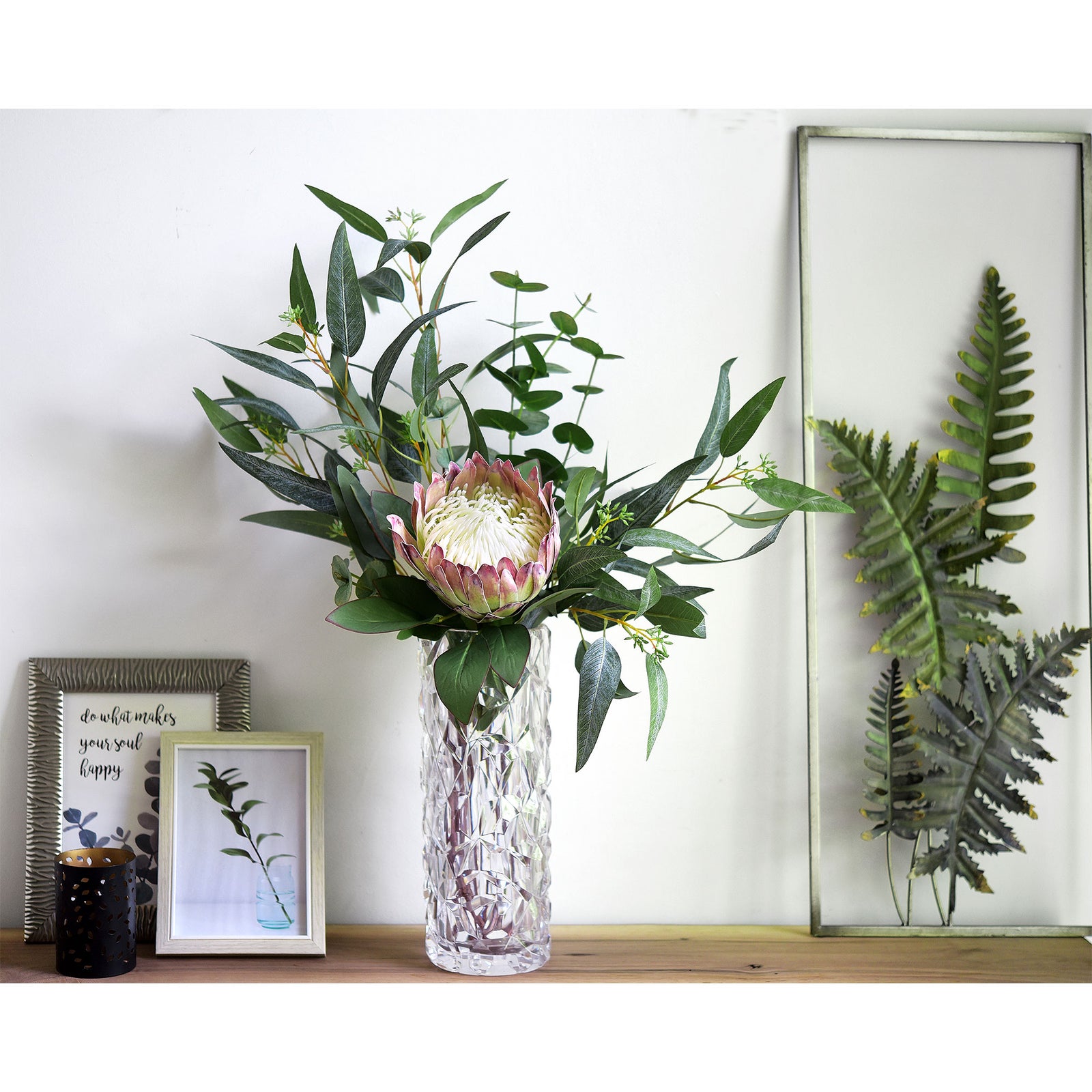 ''Timeless White Whisper'' Bouquet Chestnut White King Protea Arranged with Eucalyptus Leaves Silk Artificial Flowers