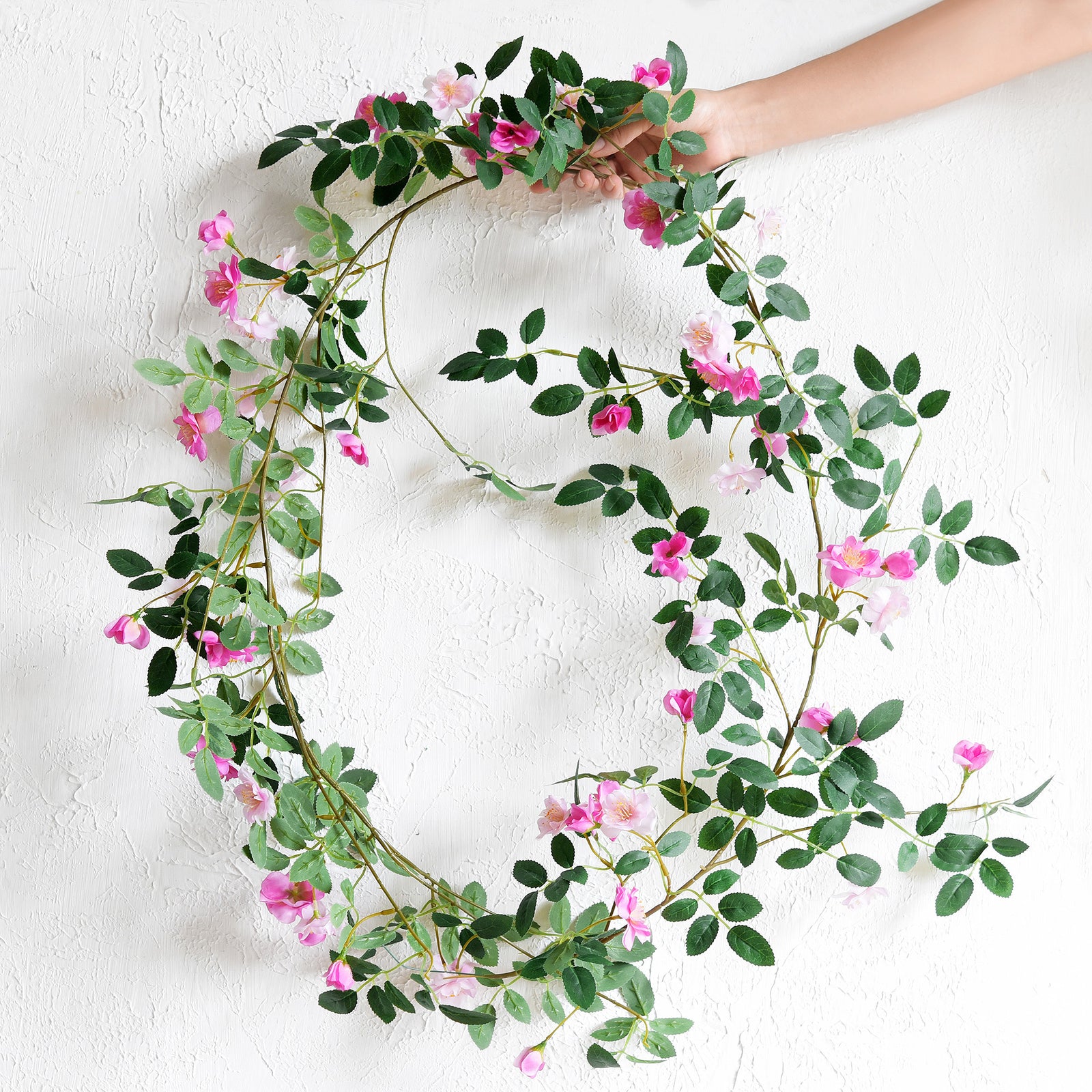 12ft 2 Bendable Flower Fuchsia Pink Garlands Artificial Silk Wild Rose Vine Leaves Hanging Flowers for Wall Decoration
