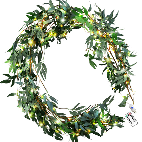 2 Mix Rustic Willow Garlands, Bendable Artificial Greenery Vine Leaves for Wedding Home Decoration with 33 Feet String Lights