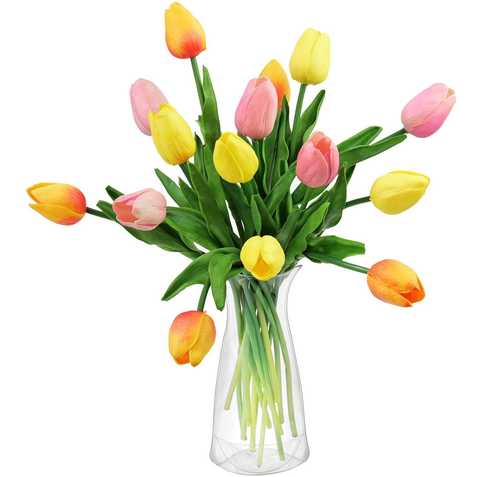 A set of 15 long-stem tulips in sunset orange, amaranth pink, and candle glow yellow, arranged beautifully with a clear vase for gifting or display.
