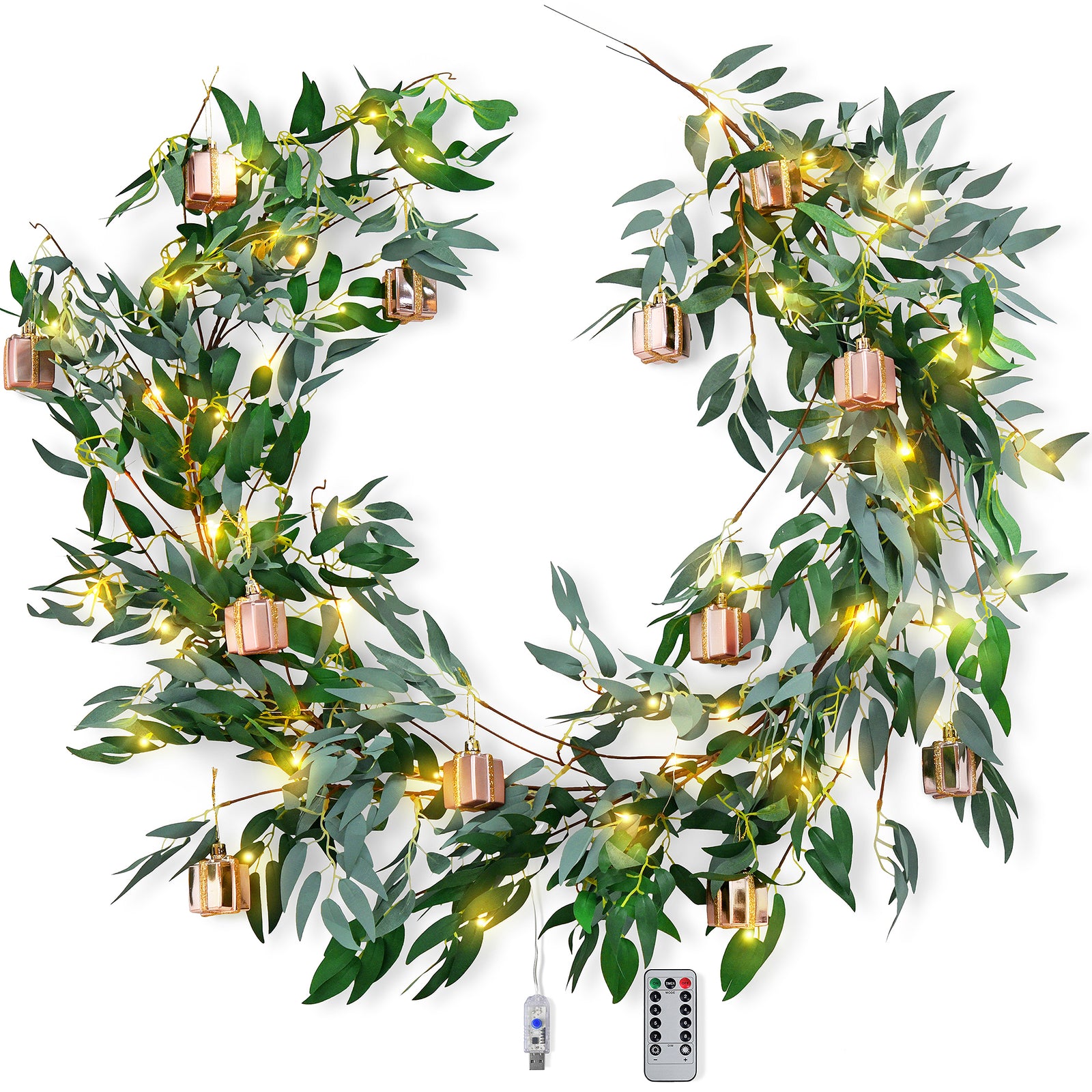 Lighted Willow Leaf Artificial Garlands with Gift Ornaments and Remote