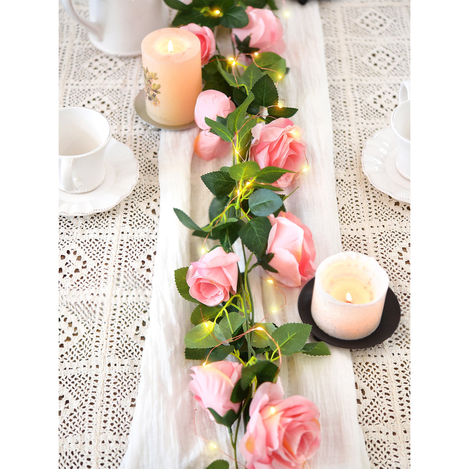 Artificial Flowers in Vase, Faux Flowers with Vase, Silk Dusty Blue Rose  Flower Arrangements with Copper Lights for Home Decor Indoor, Table
