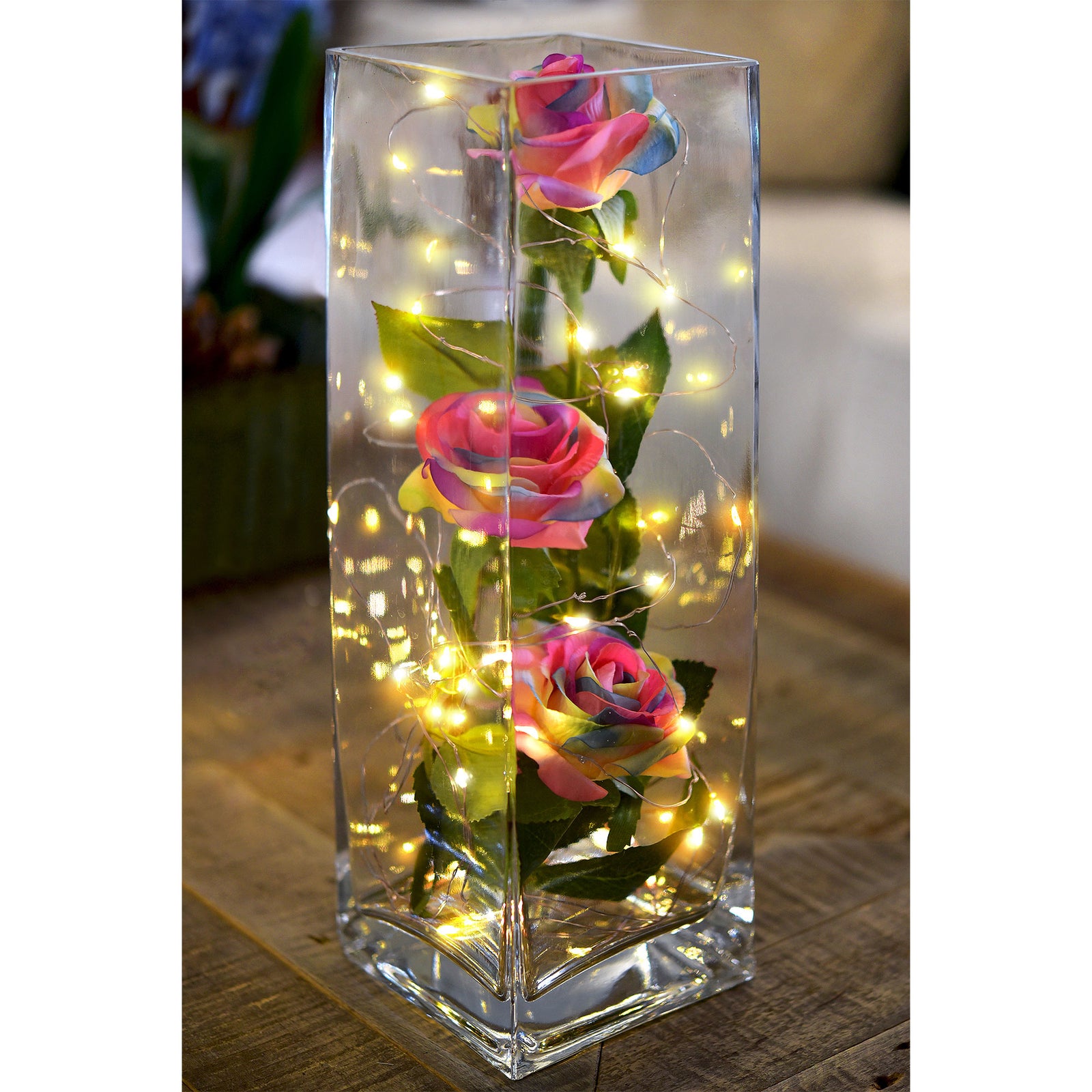 Real Touch Rainbow Rose Bouquet Artificial Flowers with Twinkling LED Lights: Illuminate Your Moments (10 Stems)