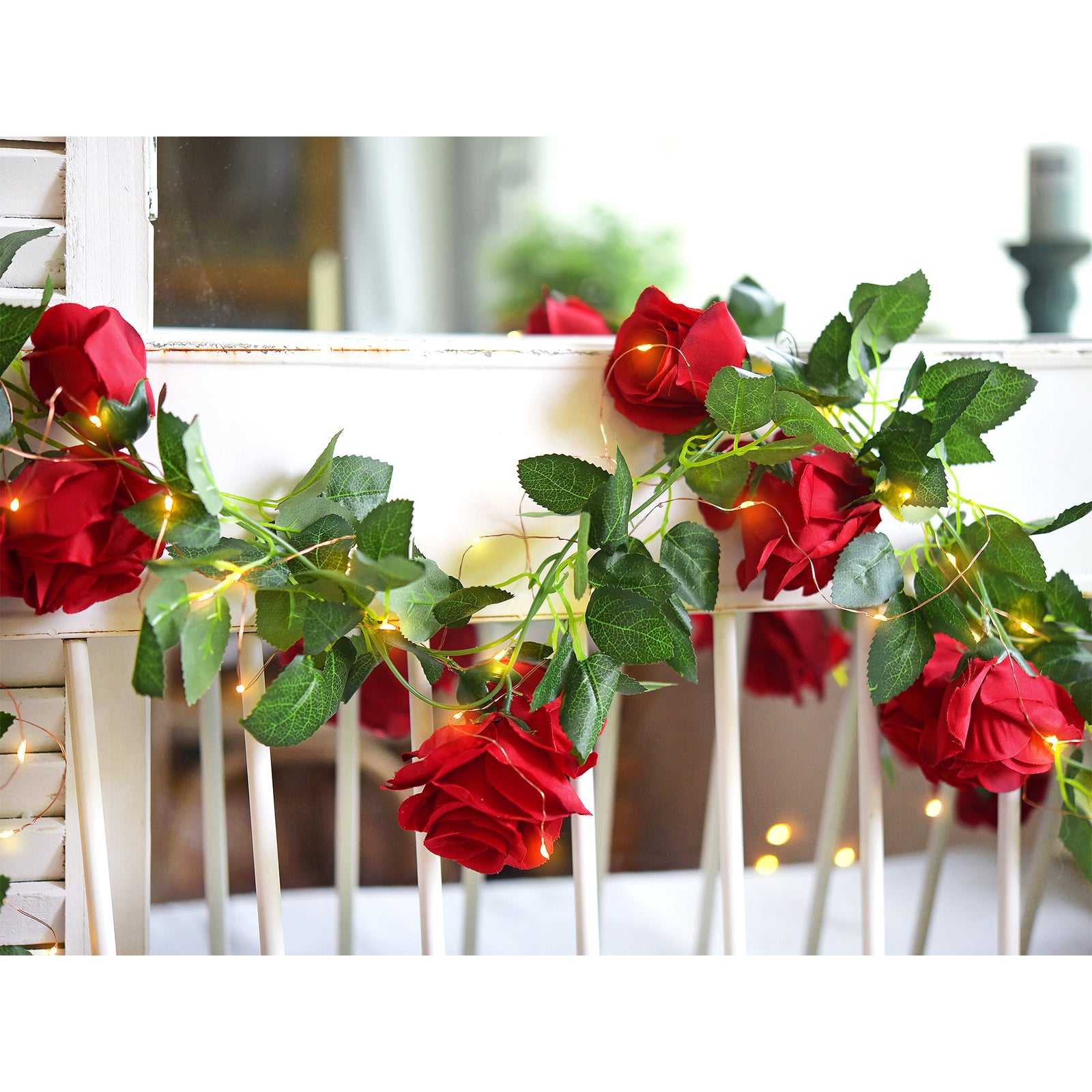 14 Ft 2 Pack Christmas Red Rose Silk Flower Garland Artificial Flowers Decoration Hanging Floral with 33 feet String Lights