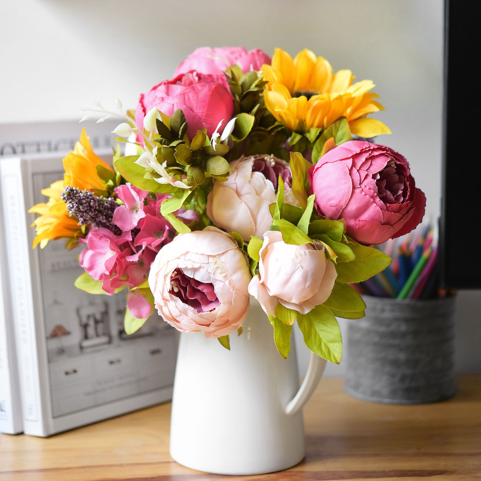 Silk Pink Peonies and Sunflowers Mix Flower Bouquet Artificial Flowers, FiveSeasonStuff Floral