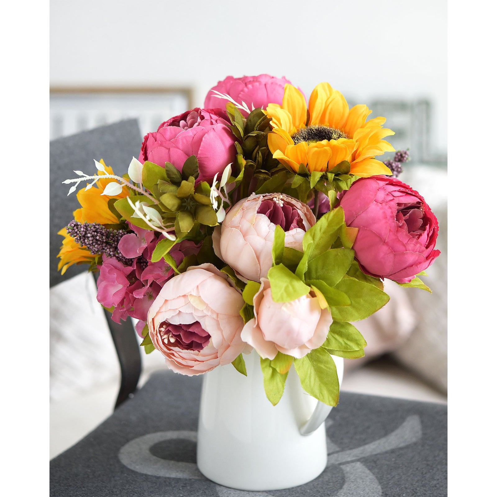 Silk Pink Peonies and Sunflowers Mix Flower Bouquet Artificial Flowers, FiveSeasonStuff Floral