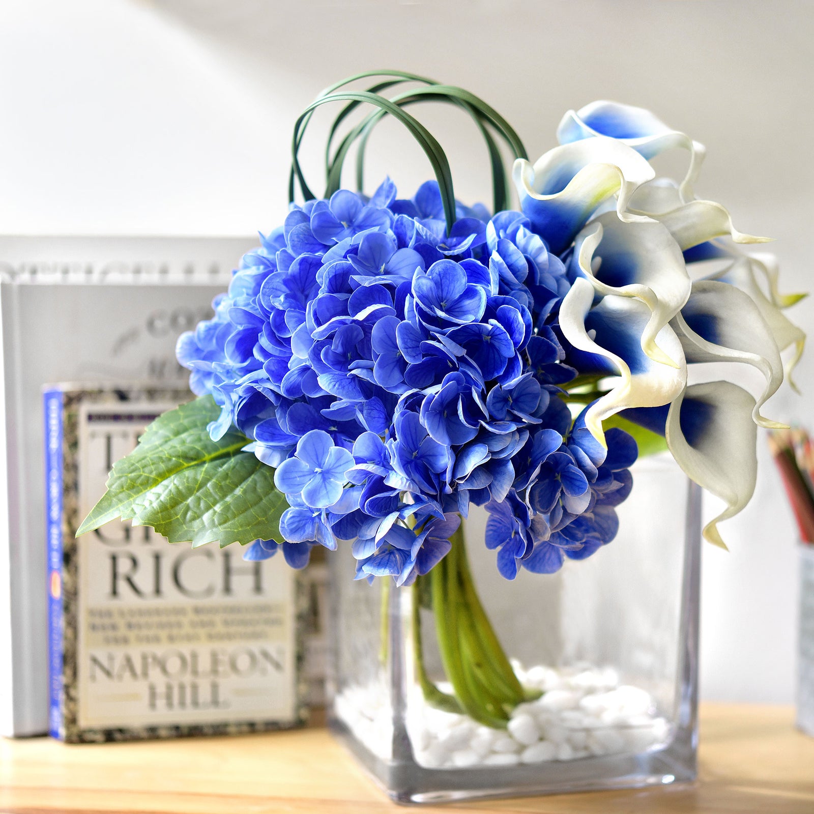 Real Touch Royal Blue Hydrangea and Blue with White Call Lilies Mix Fl –  FiveSeasonStuff