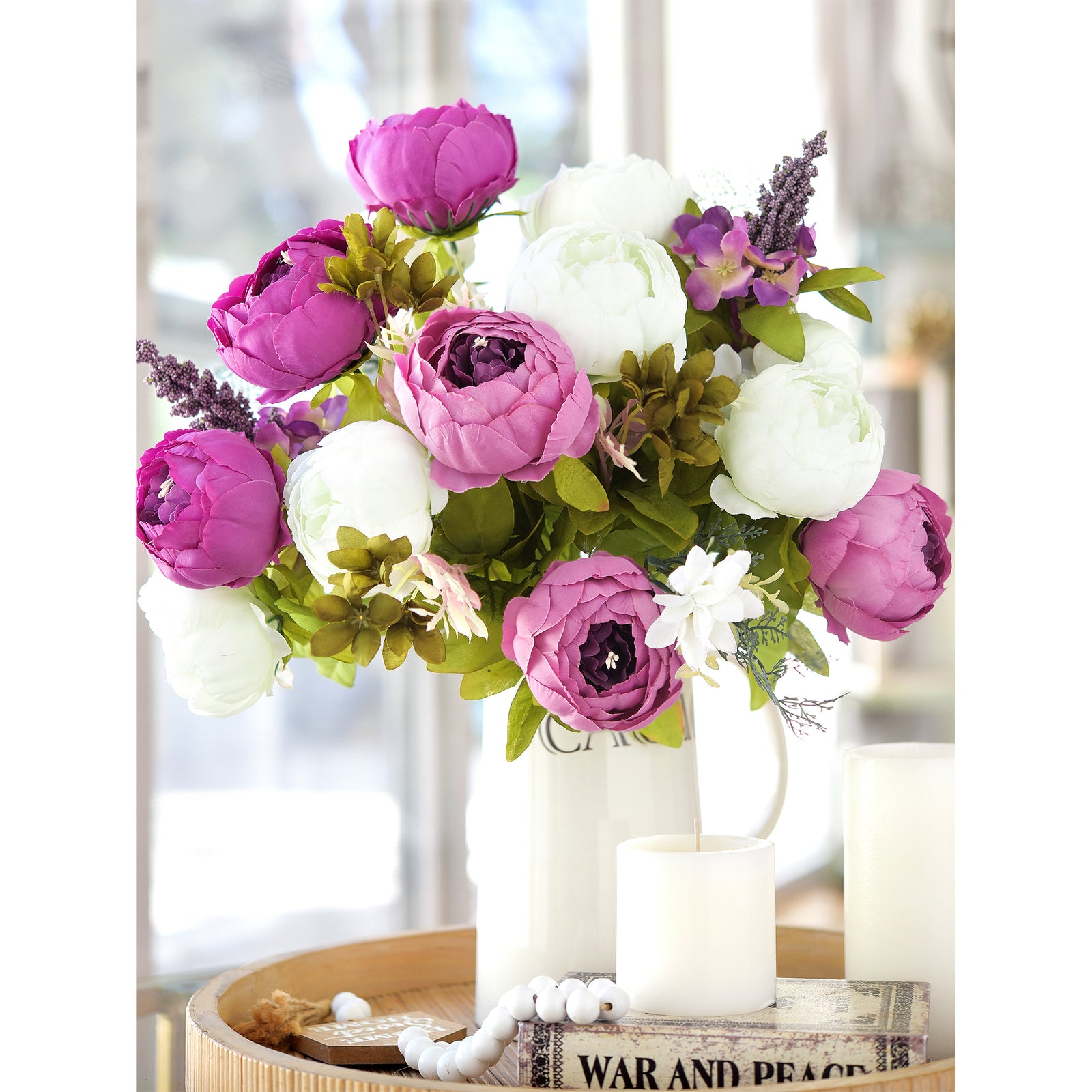 FiveSeasonStuff 2 Bundles Plum Purple|White Peonies Artificial Flower Bouquet