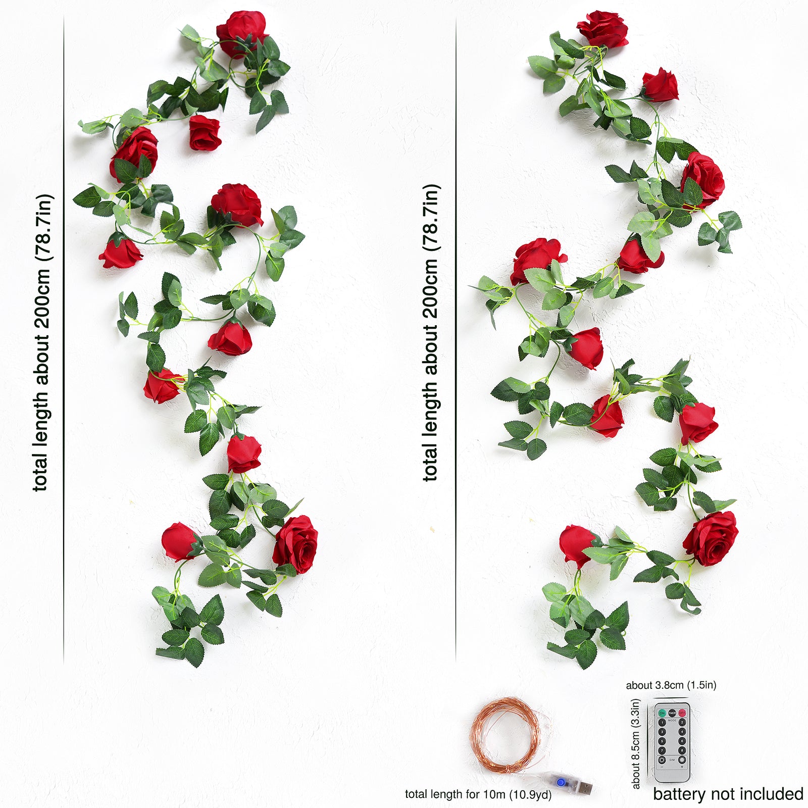 14 Ft 2 Pack Christmas Red Rose Silk Flower Garland Artificial Flowers Decoration Hanging Floral with 33 feet String Lights