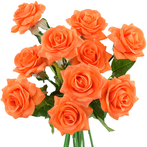Tangerine Orange Real Touch Roses Silk Artificial Flowers ‘Petals Feel and Look like Fresh Roses' (10 Stems)