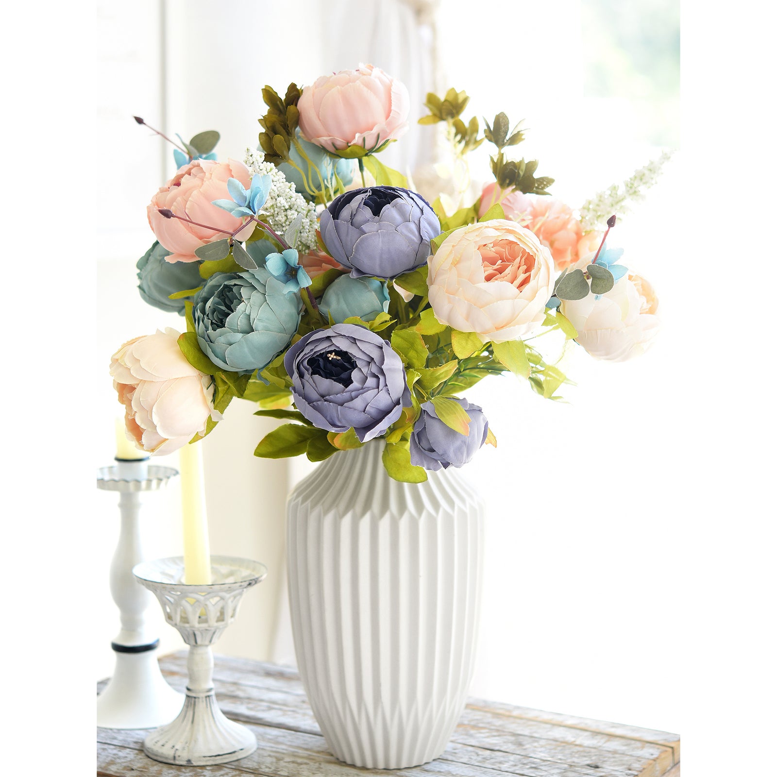 Artificial Peonies Bouquet – Set of 2, Pastel Delight, Peach, Blue, and Cream Silk Flowers for Weddings, Home Decor, and DIY Arrangements