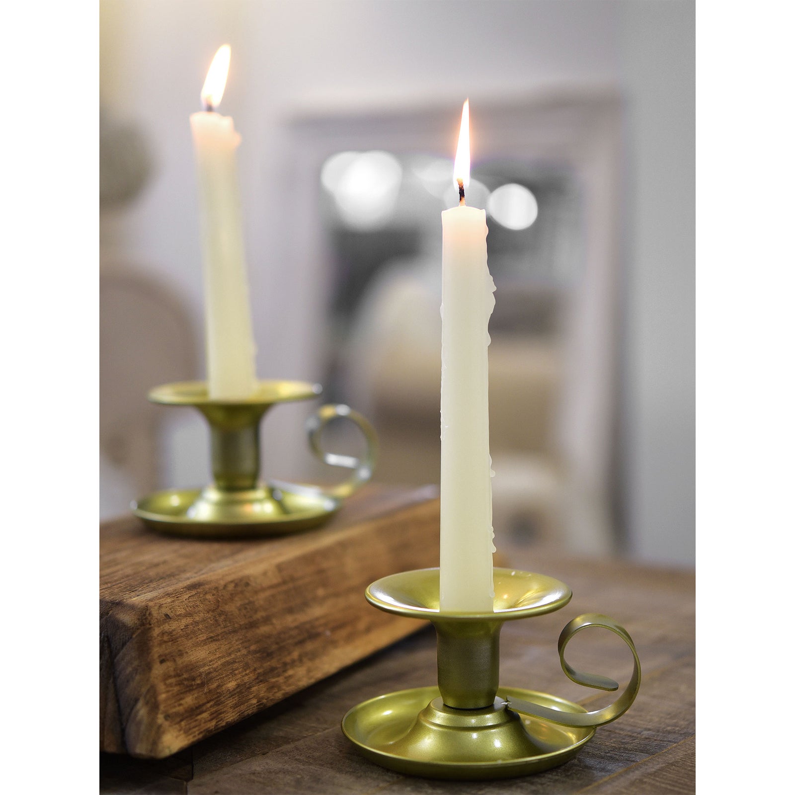 2 Gold Plated Iron Saucer Vintage Iron Candle Holders with Handle for Taper Wax Candlesticks