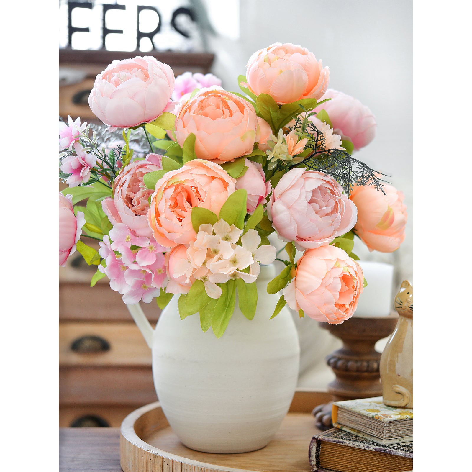 Soft Spring Delight Artificial Peony Bouquet – Set of 2 Faux Silk Bundles (Peach, Cream & Spring Green) – Flexible Stems for Weddings & Home Décor