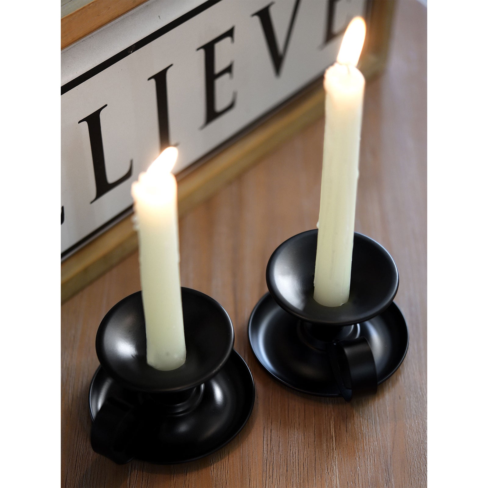 2 Black Plated Saucer Vintage Iron Candle Holders with Handle for Taper Wax Candlesticks