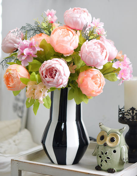 Soft Spring Delight Artificial Peony Bouquet – Set of 2 Faux Silk Bundles (Peach, Cream & Spring Green) – Flexible Stems for Weddings & Home Décor