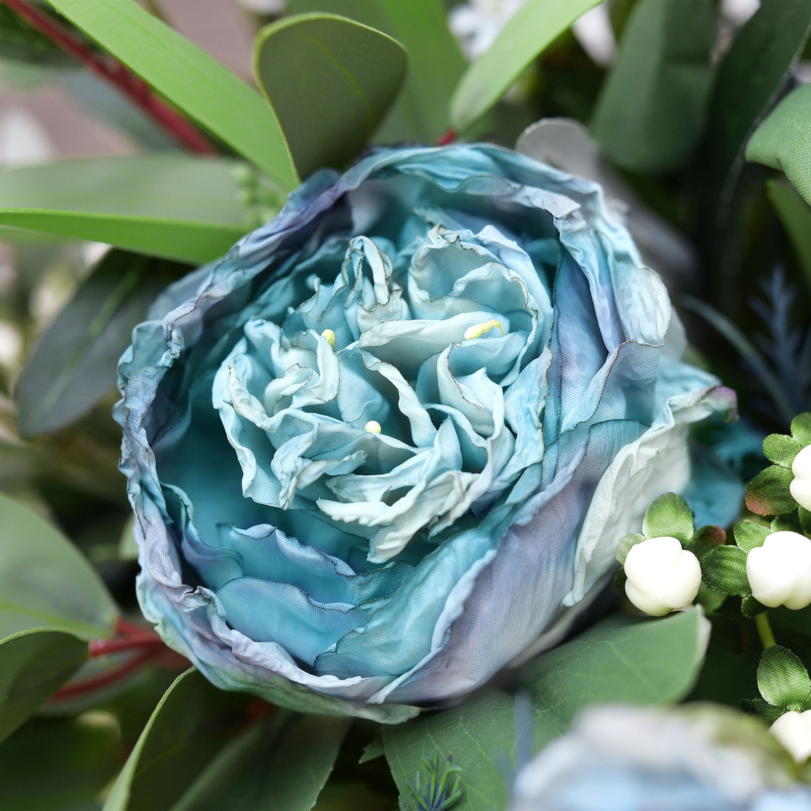 Dusty Blue Nostalgic Sentimental Rustic Vintage Silk Peony Artificial Flower Bouquet 6 Stems