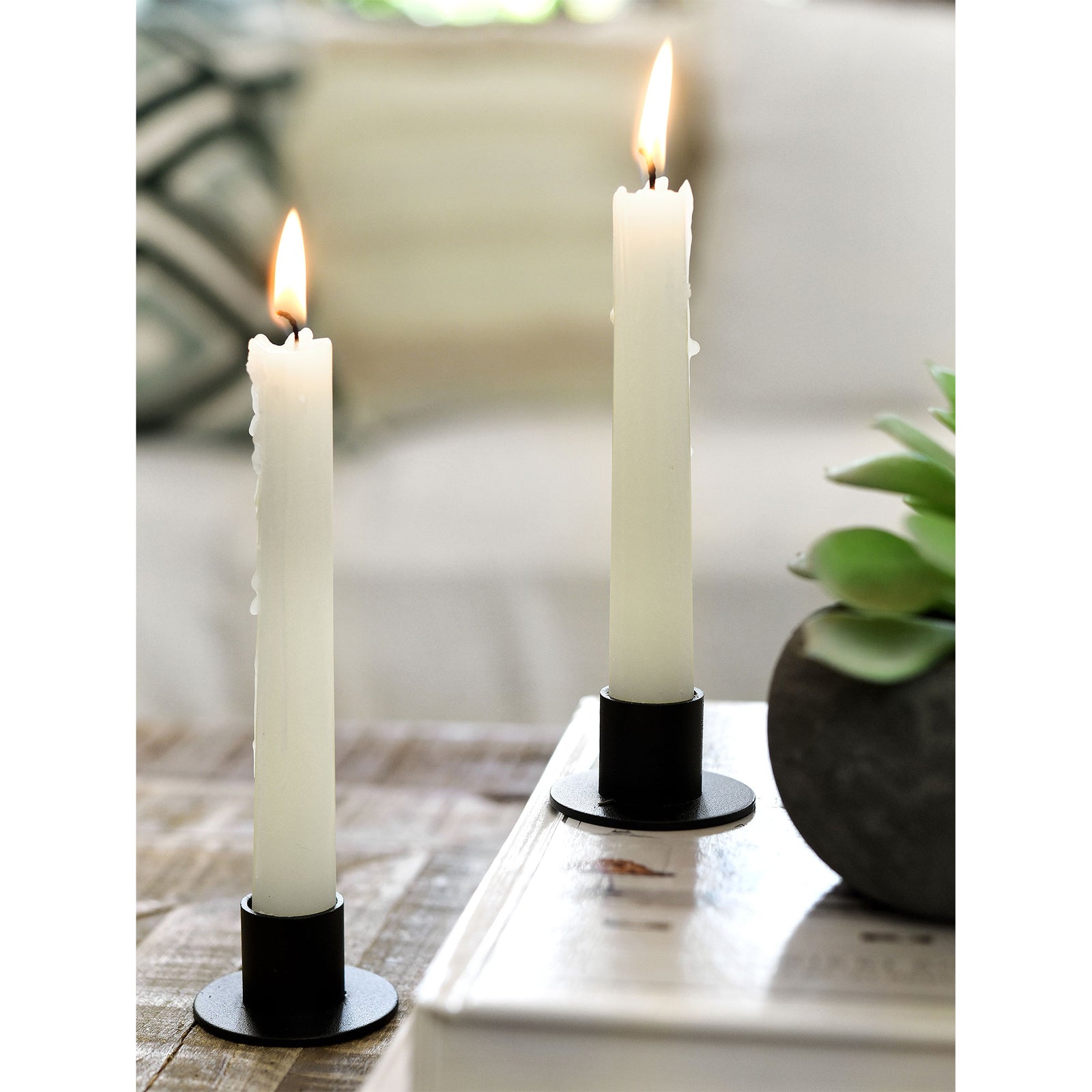 4 Black Plated Iron Candle Holders with Round Base for Taper Wax Candlesticks