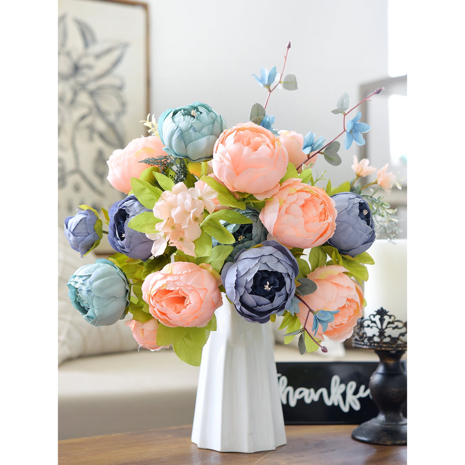 Blue Serenity Bloom Artificial Peony Bouquet – Set of 2 Faux Silk Bundles (Navy, Aqua, Peach & Cream) – Flexible Stems for Events & Home Styling