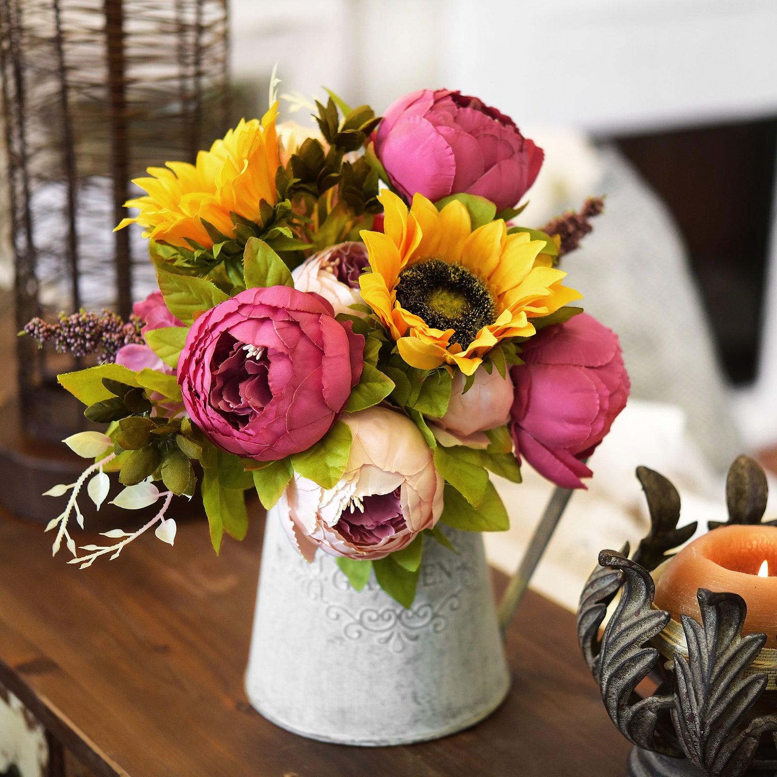 Silk Pink Peonies and Sunflowers Mix Flower Bouquet Artificial Flowers –  FiveSeasonStuff