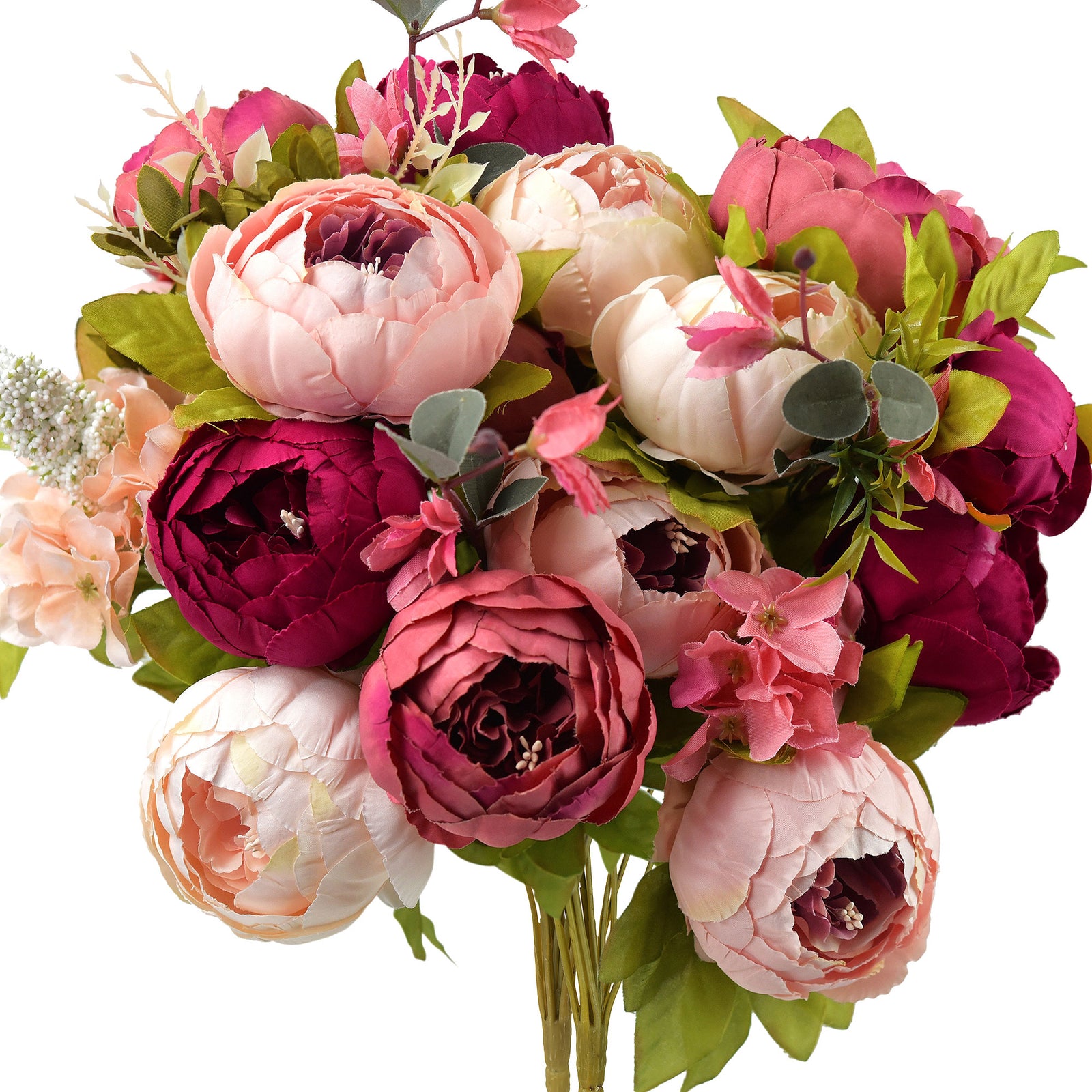 Celebrate Timeless Beauty: A Duo of Luxurious Artificial Silk Peony Bouquets in Deep Carmine, Dusty Red, and Faded Pink