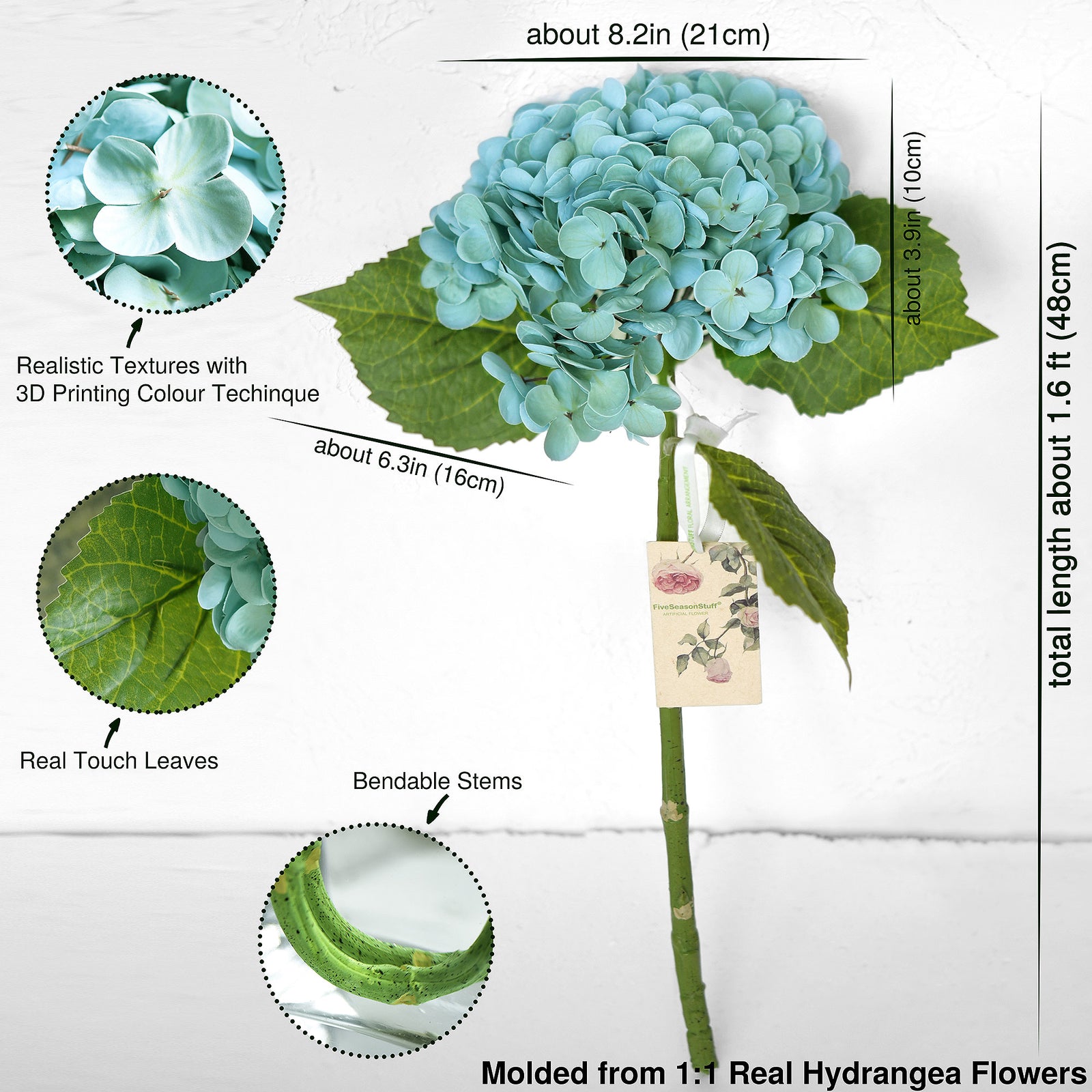2 Stems Pale Jade Green Real Touch Petals and Leaves Artificial Hydrangea Flowers Long Stem Floral Arrangement | for Wedding Bridal Party Home Décor DIY Floral Decoration