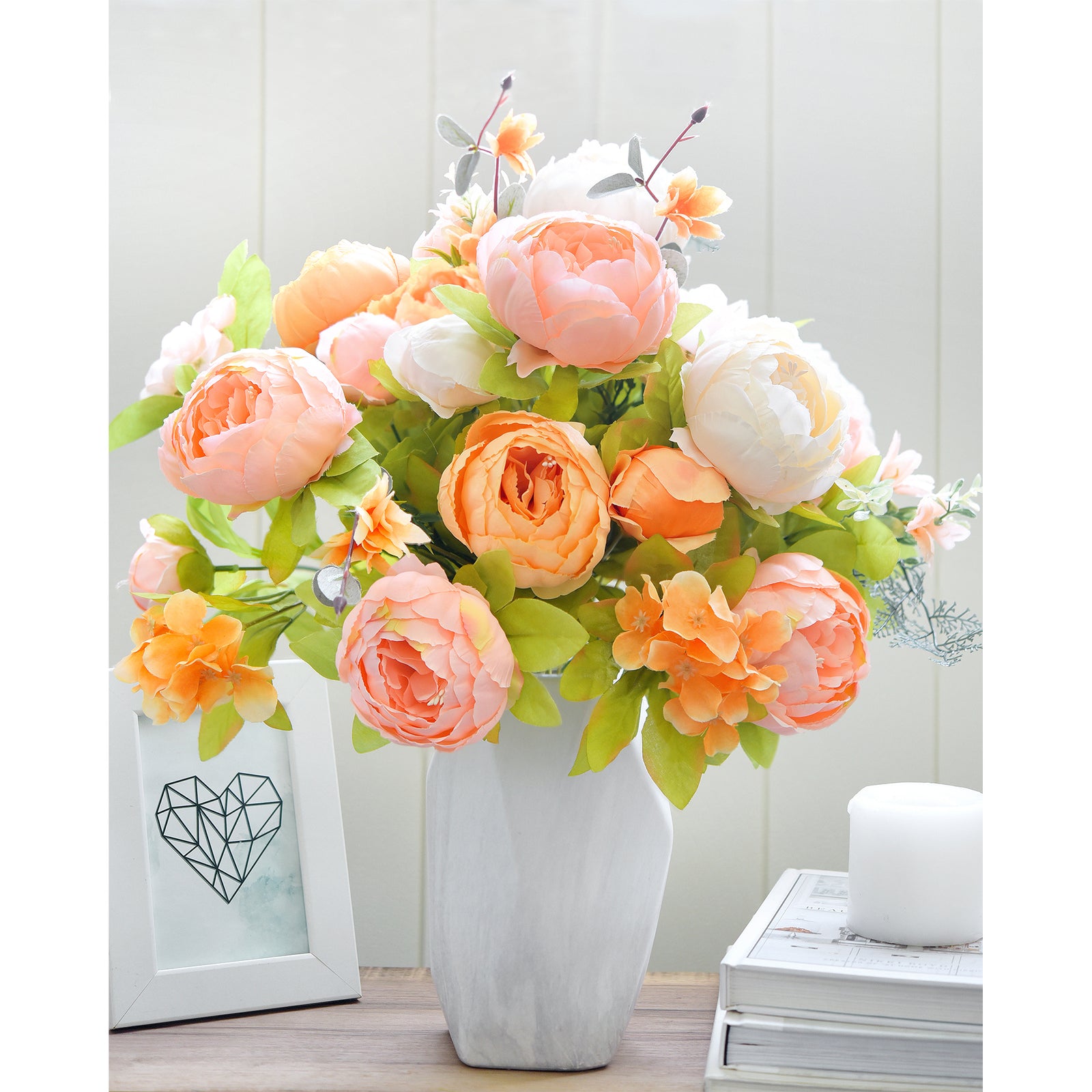 Autumn Ivory & Orange Artificial Peony Bouquet – Set of 2 Faux Silk Bundles (Ivory, Peach & Harvest Orange) – Fall Centerpiece Flowers