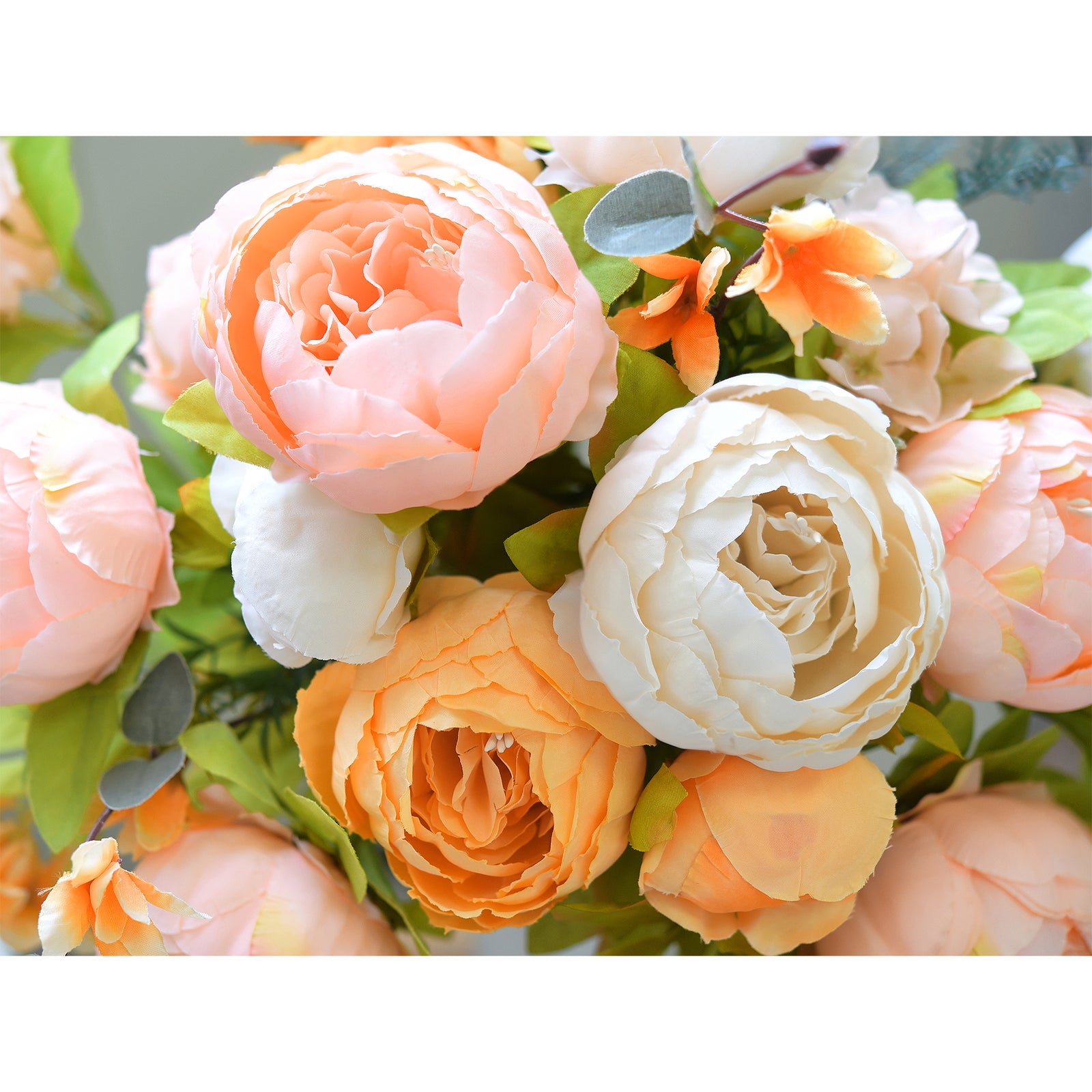 Autumn Ivory & Orange Artificial Peony Bouquet – Set of 2 Faux Silk Bundles (Ivory, Peach & Harvest Orange) – Fall Centerpiece Flowers