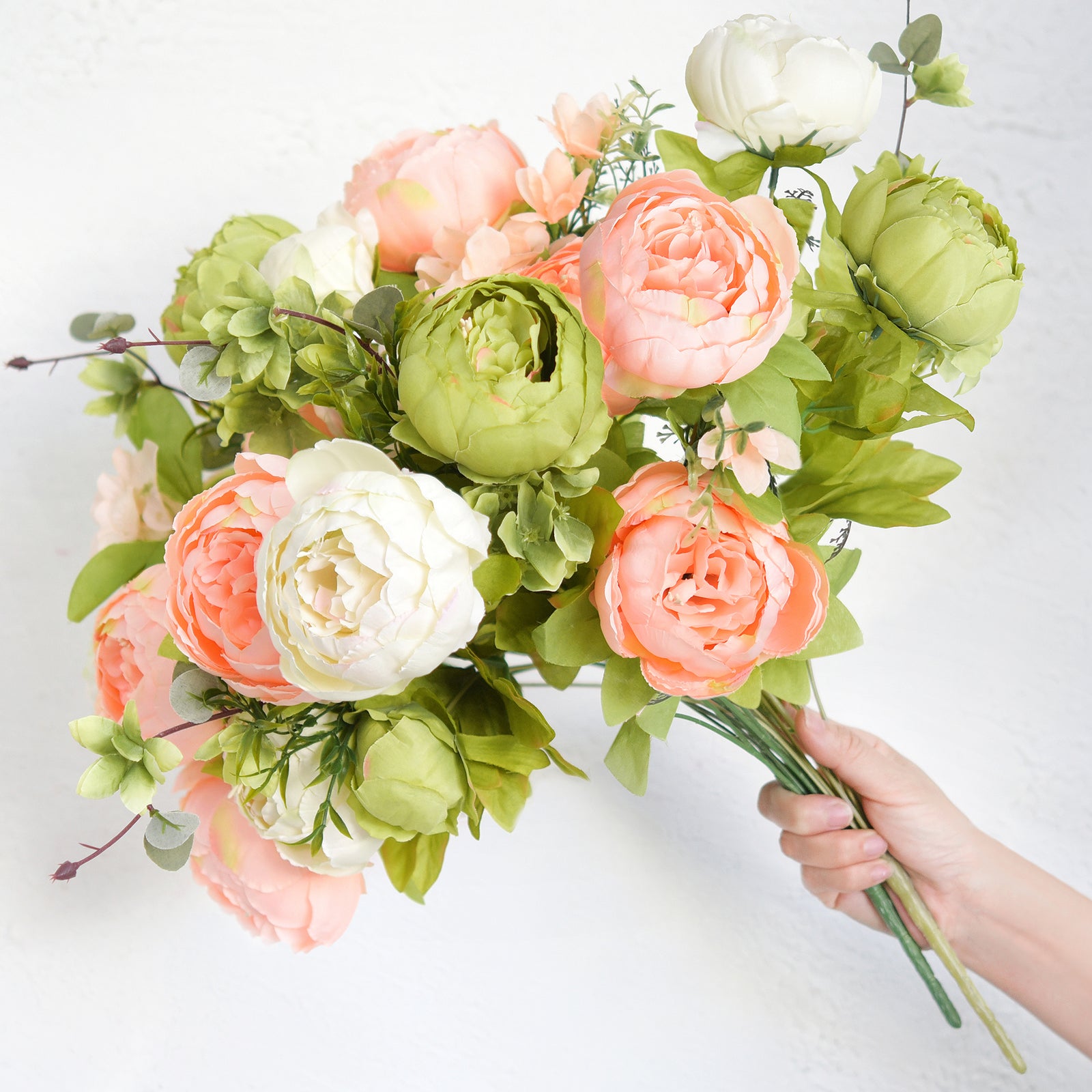 Meadow Blush Artificial Peony Bouquet – Set of 2 Faux Silk Bundles (Blush Peach, Cream & Light Green) – Ready-to-Style Floral Décor