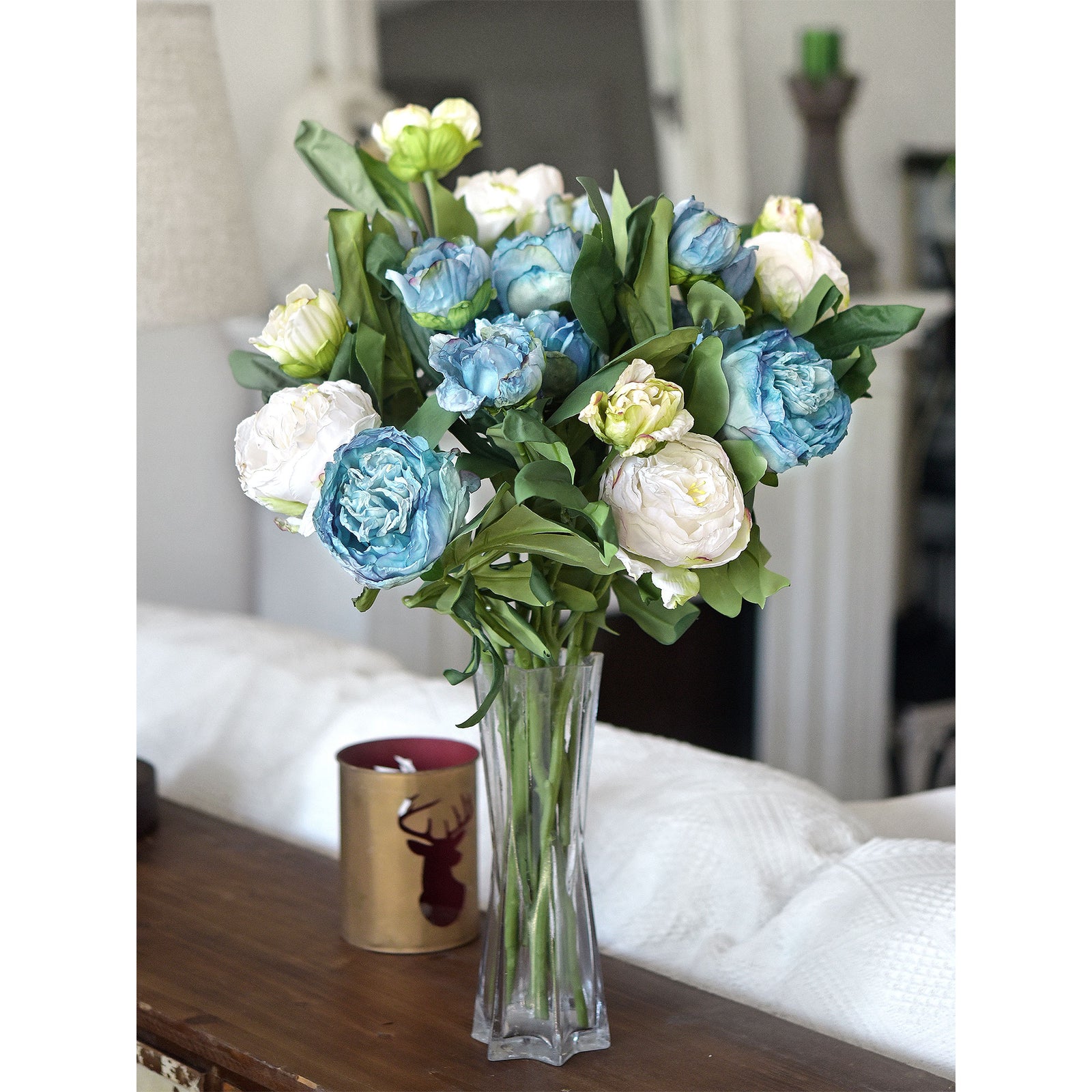 Dusty Blue Nostalgic Sentimental Rustic Vintage Silk Peony Artificial Flower Bouquet 6 Stems